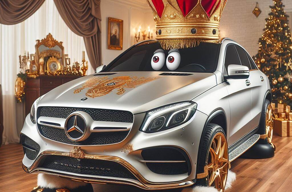Une photo humoristique du Mercedes GLE Coupé avec une couronne dorée sur le toit.